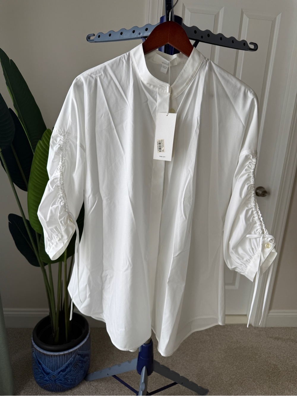 Boss White Mandarin-Collar Button-Down Blouse with Ruched Sleeves